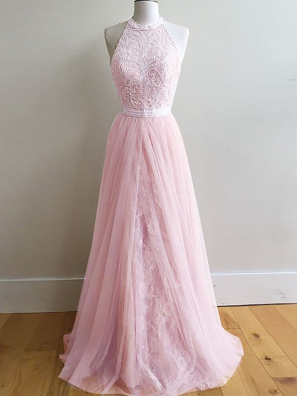 Vestidos de graduación elegantes de corte línea A, sin mangas, con cuello halter y encaje de tul.