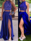 Vestido de fiesta de dos piezas, corte en A, elegante, sin mangas, cuello alto, elástico, satén tejido con cuentas.