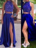 Vestido de fiesta de dos piezas, corte en A, elegante, sin mangas, cuello alto, elástico, satén tejido con cuentas.