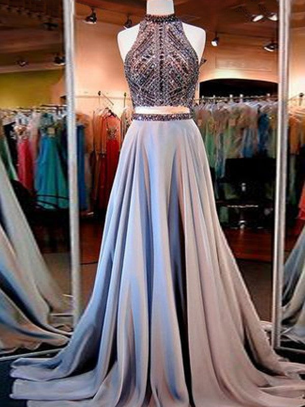 Vestidos de fiesta de dos piezas de corte A/elegantes, sin mangas, cuello alto y satén con cuentas