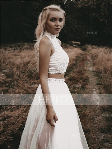 Robes de bal élégantes sans manches à col montant et col montant, ornées de perles et de tulle, coupe trapèze