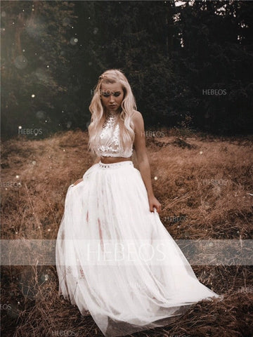 Robes de bal élégantes sans manches à col montant et col montant, ornées de perles et de tulle, coupe trapèze