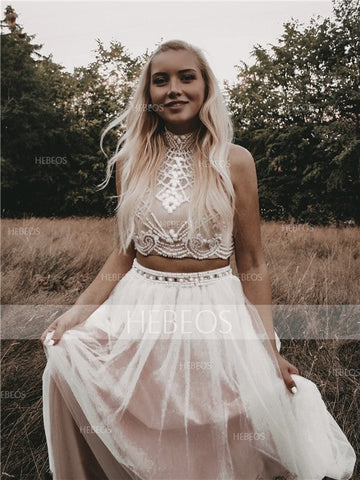 Robes de bal élégantes sans manches à col montant et col montant, ornées de perles et de tulle, coupe trapèze