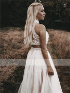 Vestidos de graduación elegantes de corte A, sin mangas, cuello alto, tul con cuentas y largo hasta el suelo