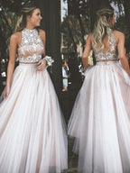 Vestidos de graduación elegantes de corte A, sin mangas, cuello alto, tul con cuentas y largo hasta el suelo