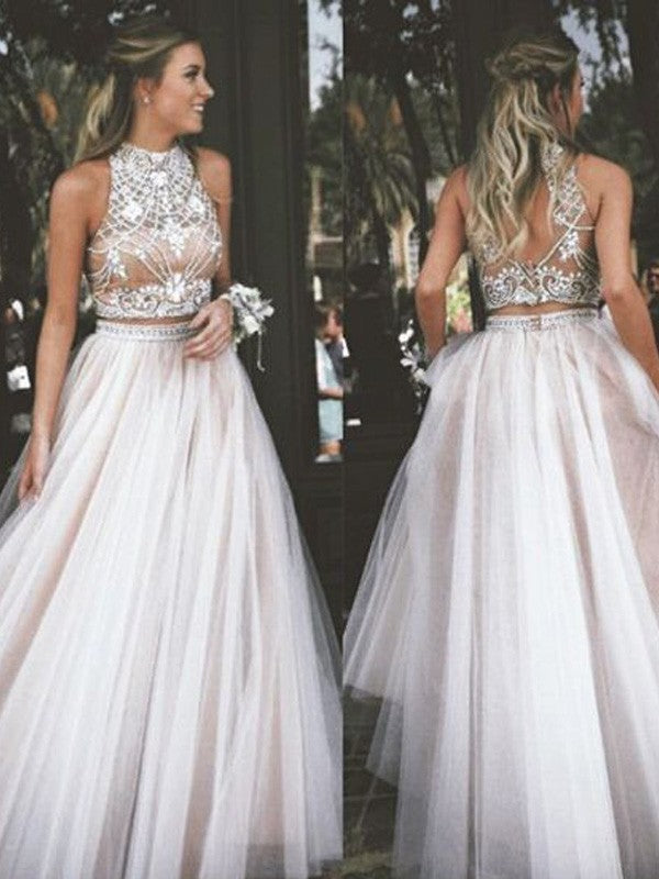 Vestidos de graduación elegantes de corte A, sin mangas, cuello alto, tul con cuentas y largo hasta el suelo