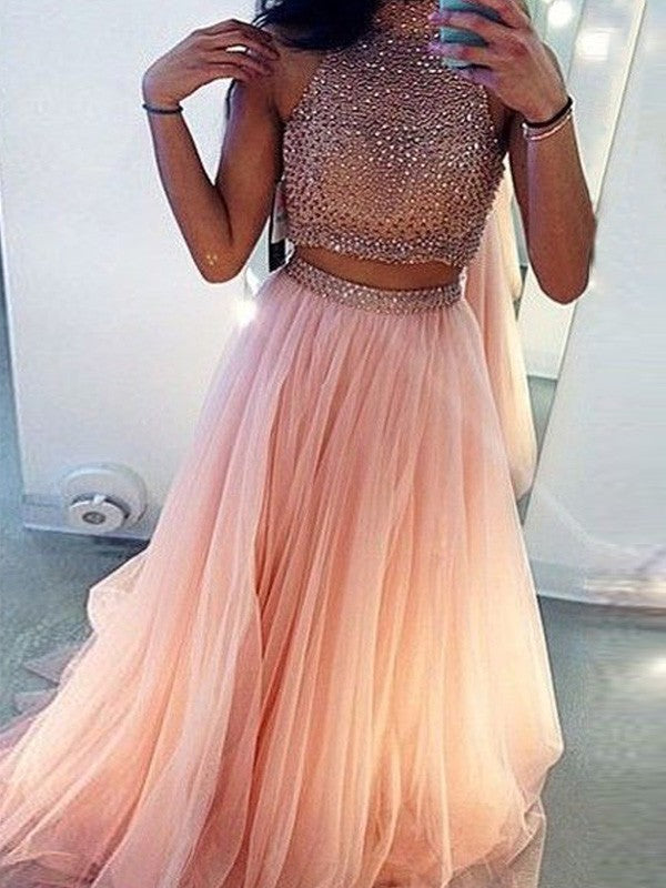 Vestidos de fiesta de dos piezas de corte A/elegantes, sin mangas, cuello alto y tul con cuentas