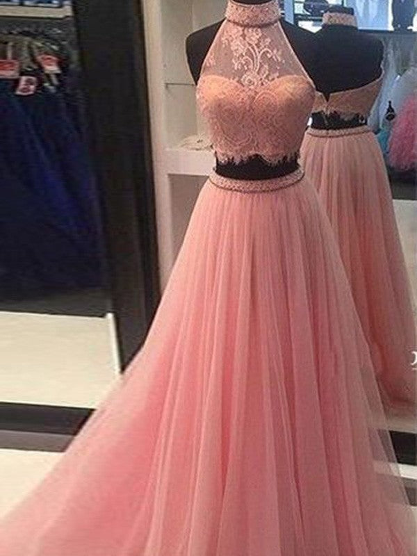 Vestidos de graduación de dos piezas de corte A/elegantes, sin mangas, cuello alto, tul y encaje, hasta el suelo