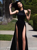 Vestidos de graduación elegantes de corte A, sin mangas, con lentejuelas y joyas hasta el suelo