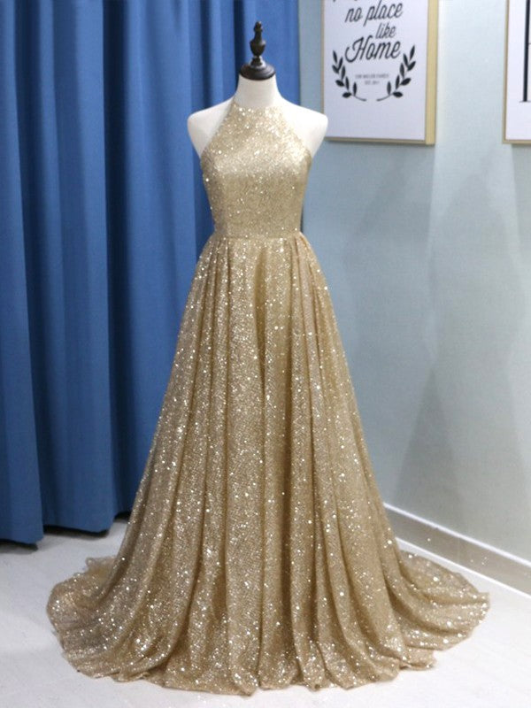 Vestidos de graduación elegantes de corte A, sin mangas, con volantes, lentejuelas y joyas
