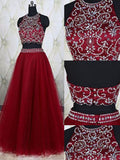 Vestidos de graduación de dos piezas de corte A/elegantes, sin mangas, con tul joya y pedrería hasta el suelo