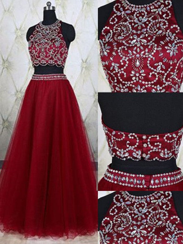 Vestidos de graduación de dos piezas de corte A/elegantes, sin mangas, con tul joya y pedrería hasta el suelo