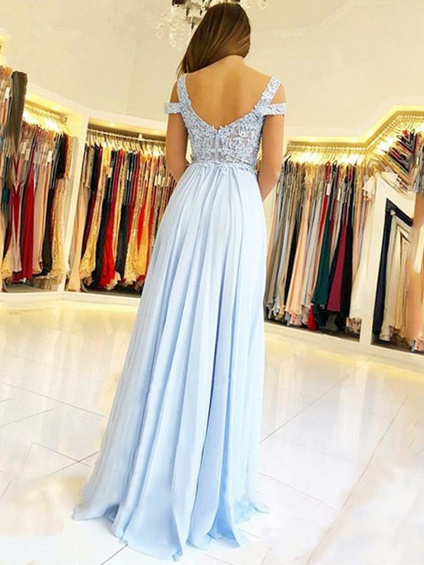 Vestidos de graduación de gasa con apliques, corte en A, elegantes, sin mangas, con hombros descubiertos y largo hasta el suelo.