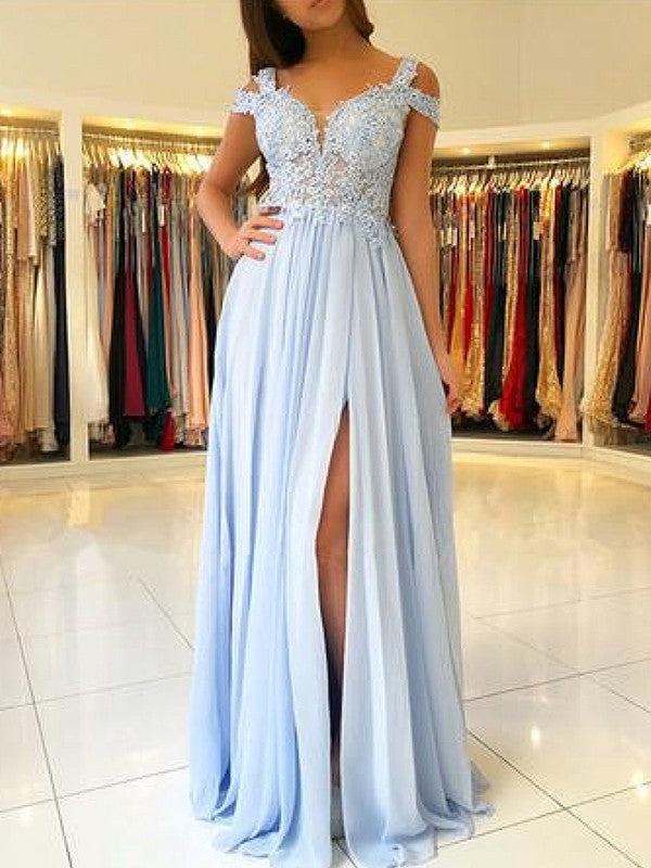Vestidos de graduación de gasa con apliques, corte en A, elegantes, sin mangas, con hombros descubiertos y largo hasta el suelo.