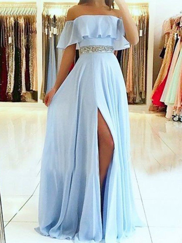 Vestidos de graduación de gasa con cuentas, corte en A, elegantes, sin mangas, con hombros descubiertos y largo hasta el suelo.