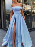 Vestidos de graduación de satén con volantes, corte en A, sin mangas y elegantes, con hombros descubiertos y sin mangas.
