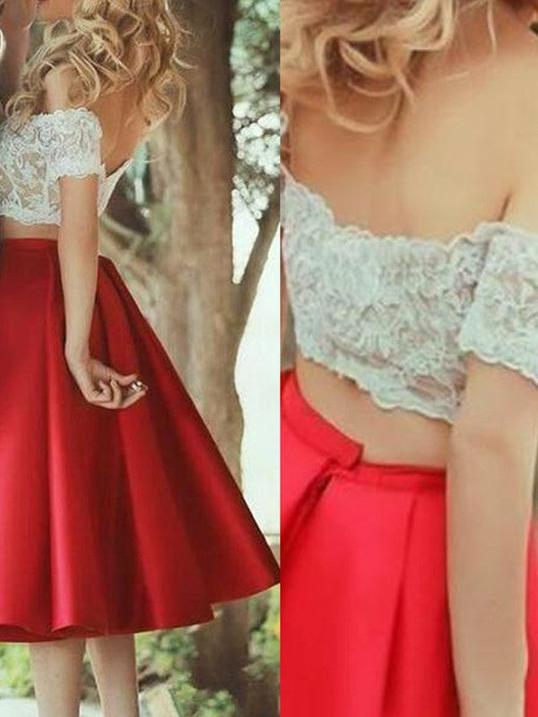 Robes de bal deux pièces élégantes en satin et dentelle, coupe trapèze, sans manches, épaules dénudées, longueur genou.