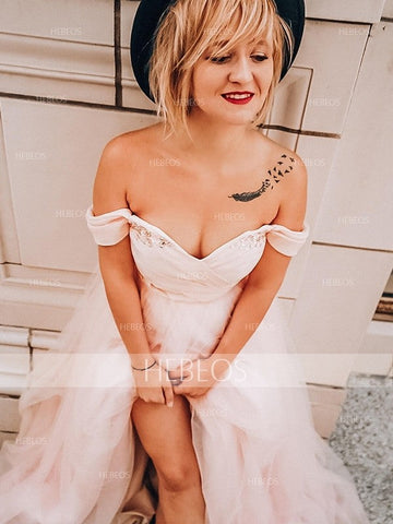 Vestidos de graduación de corte A/elegantes sin mangas con hombros descubiertos, de tul y con cuentas