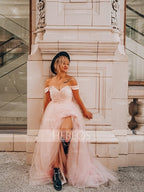 Vestidos de graduación de corte A/elegantes sin mangas con hombros descubiertos, de tul y con cuentas
