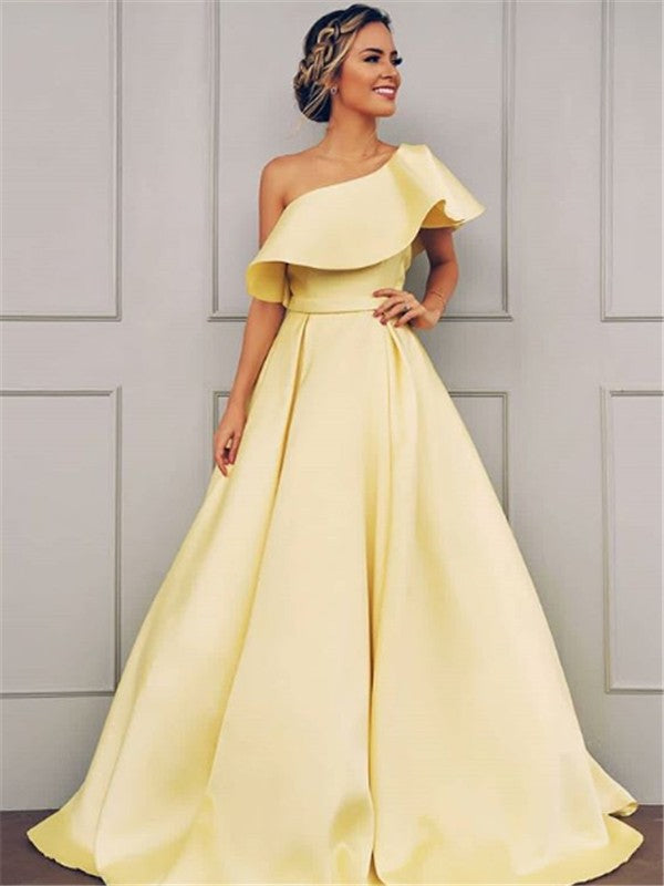 Vestidos de graduación de satén con volantes, corte en A, elegantes, sin mangas, de un solo hombro y hasta el suelo.
