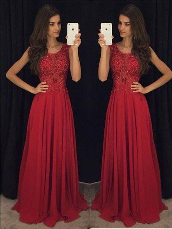 Vestidos de graduación elegantes de corte A, sin mangas, con escote redondo, de gasa y con cuentas, hasta el suelo.