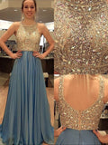 Vestidos de graduación de corte A/elegantes sin mangas con escote redondo y pedrería, de gasa.