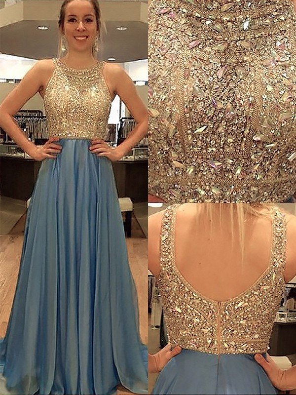 Vestidos de graduación de corte A/elegantes sin mangas con escote redondo y pedrería, de gasa.