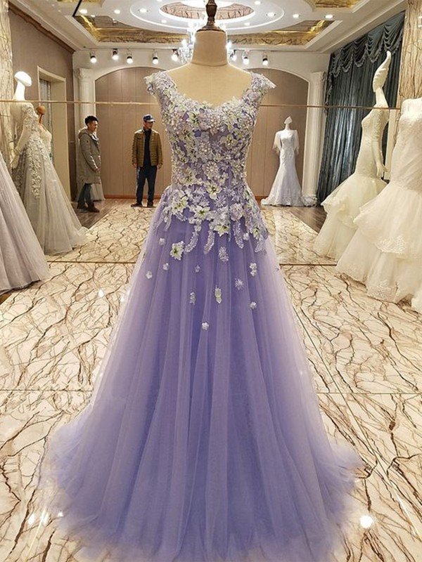 Vestidos de graduación de corte A/elegantes, sin mangas, con escote redondo y largo hasta el suelo, con apliques de tul.