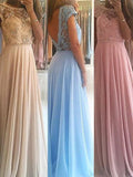 Vestidos de graduación de gasa con cuentas, corte en A, elegantes, sin mangas, escote redondo y largo hasta el suelo.