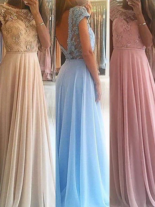 Vestidos de graduación de gasa con cuentas, corte en A, elegantes, sin mangas, escote redondo y largo hasta el suelo.