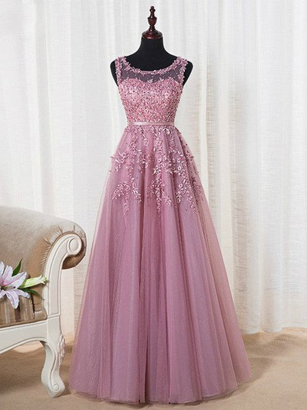 Vestidos de graduación elegantes de corte A, sin mangas, con escote redondo y largo hasta el suelo, de tul con cuentas.