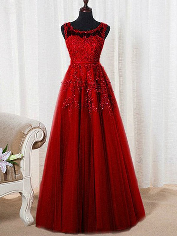 Vestidos de graduación elegantes de corte A, sin mangas, con escote redondo y largo hasta el suelo, de tul con cuentas.