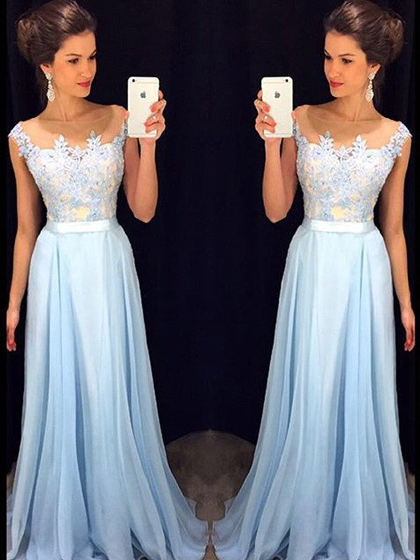 Vestidos de fiesta de gasa con cuello transparente, corte en A/elegantes, sin mangas, con apliques y mangas transparentes