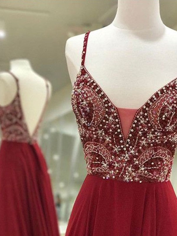 Vestidos de graduación elegantes de corte A, sin mangas, con tirantes finos, de gasa y con cuentas, hasta el suelo.