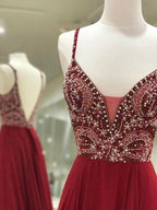 Vestidos de graduación elegantes de corte A, sin mangas, con tirantes finos, de gasa y con cuentas, hasta el suelo.