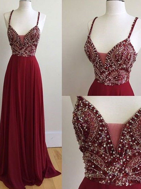 Vestidos de graduación elegantes de corte A, sin mangas, con tirantes finos, de gasa y con cuentas, hasta el suelo.