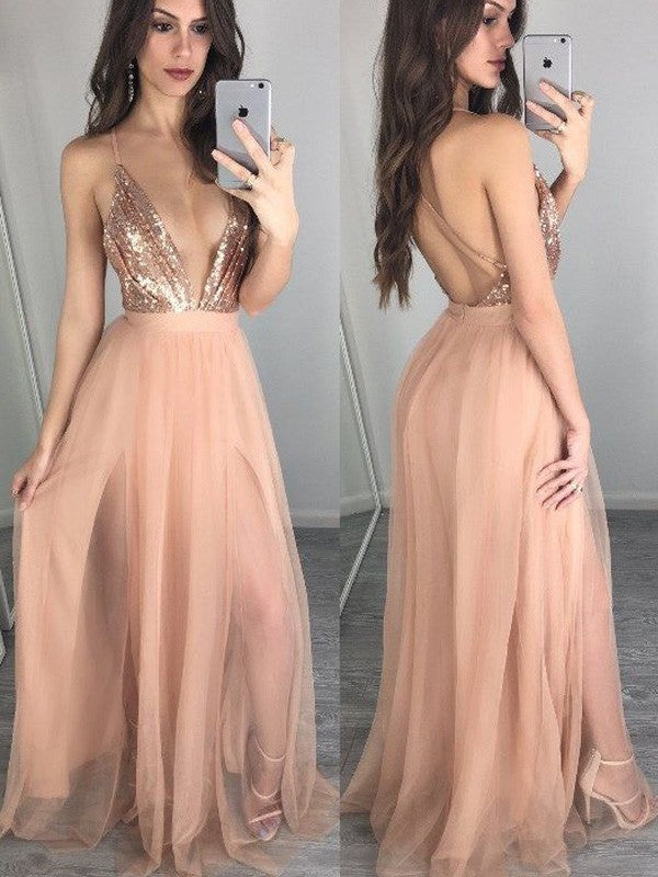 Vestidos de graduación elegantes de corte A, sin mangas, con tirantes finos, de gasa y lentejuelas hasta el suelo.