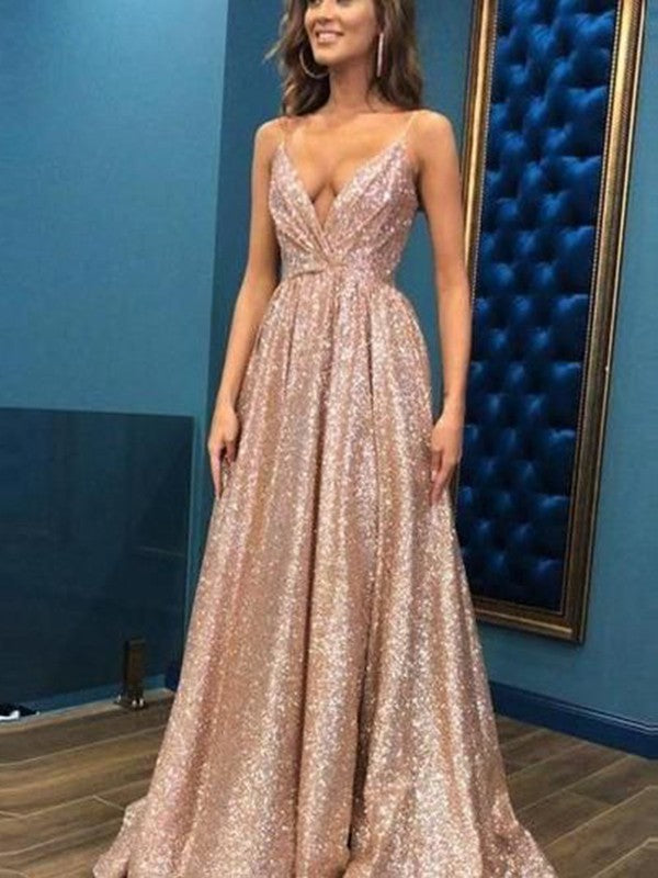 Vestidos de graduación elegantes de corte A, sin mangas, con tirantes finos y lentejuelas hasta el suelo