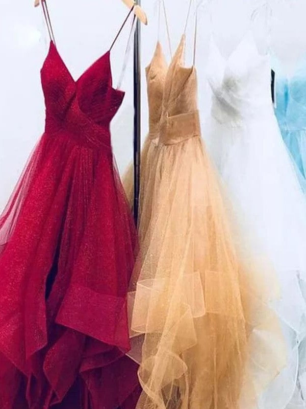 Vestidos de graduación de tul hasta el suelo, elegantes, sin mangas y con tirantes finos, corte en A/sin mangas.