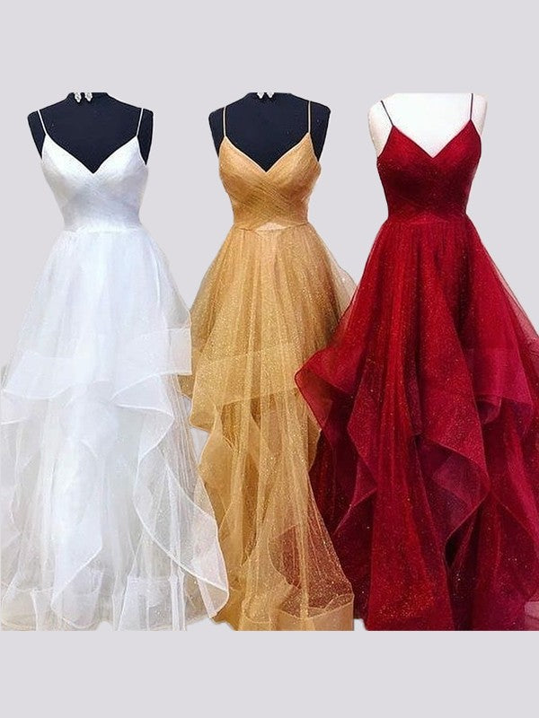 Vestidos de graduación de tul hasta el suelo, elegantes, sin mangas y con tirantes finos, corte en A/sin mangas.