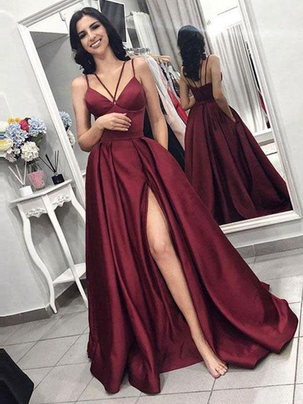 Vestidos de graduación de satén con volantes, sin mangas, corte en A/elegantes, con tirantes finos y sin mangas