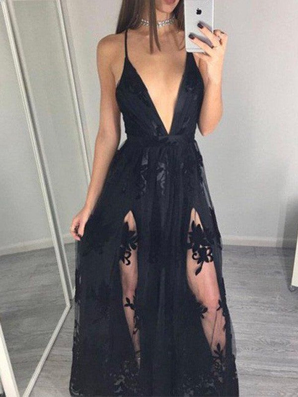 Vestidos de graduación elegantes de corte A, sin mangas, con tirantes finos, tul y apliques hasta el suelo