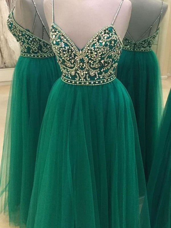 Vestidos de graduación elegantes de corte A, sin mangas, con tirantes finos, de tul y con cuentas, hasta el suelo.