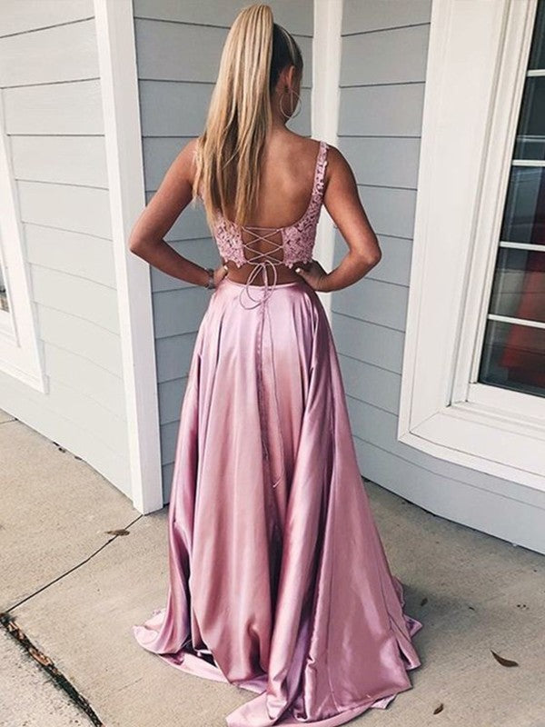 Vestidos de fiesta de dos piezas de corte A/elegantes sin mangas con apliques cuadrados en satén tipo seda