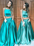 Vestidos de graduación de dos piezas de satén, corte línea A, elegantes, sin mangas, largos hasta el suelo, con volantes y corte cuadrado.