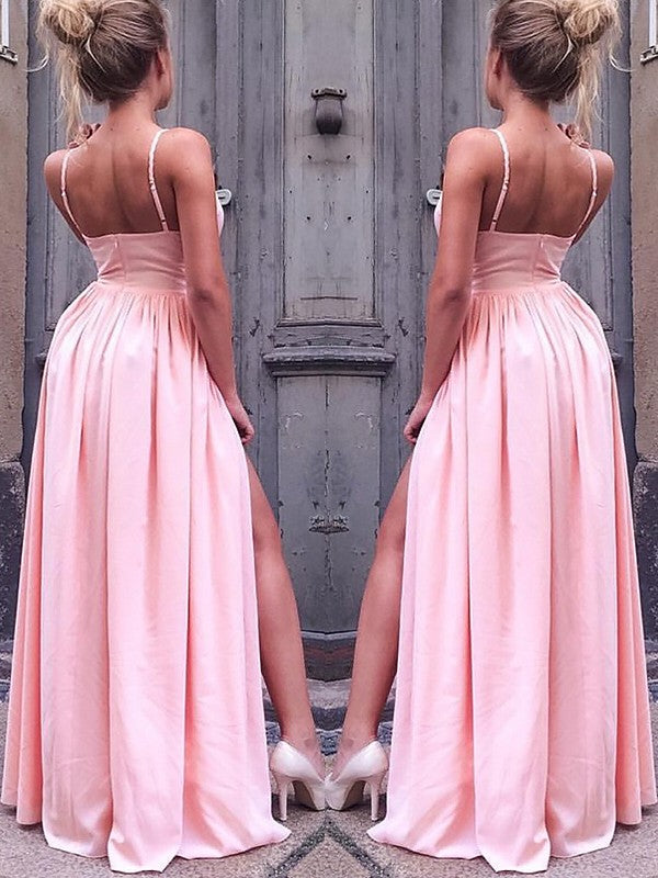 Vestidos de graduación de corte A/elegantes sin mangas con tirantes, largos hasta el suelo, de satén tipo seda fruncido.