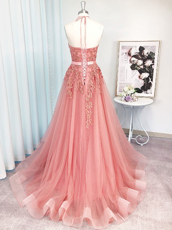 Vestidos de fiesta elegantes de corte A, sin mangas, con apliques de tul y cuello halter