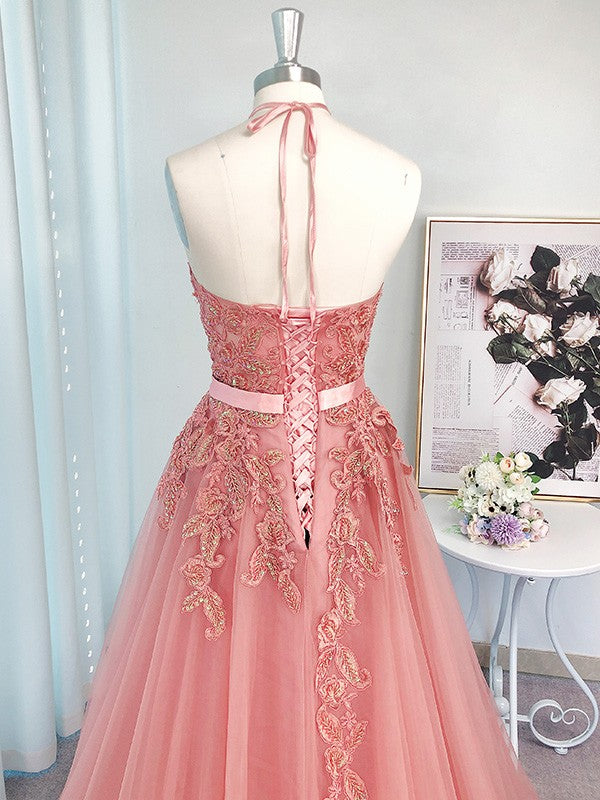 Vestidos de fiesta elegantes de corte A, sin mangas, con apliques de tul y cuello halter