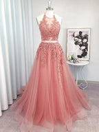 Vestidos de fiesta elegantes de corte A, sin mangas, con apliques de tul y cuello halter