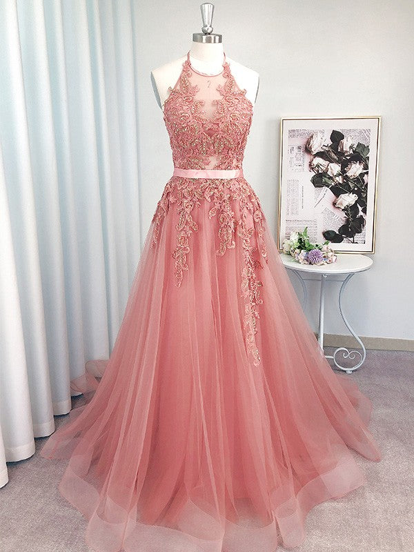 Vestidos de fiesta elegantes de corte A, sin mangas, con apliques de tul y cuello halter